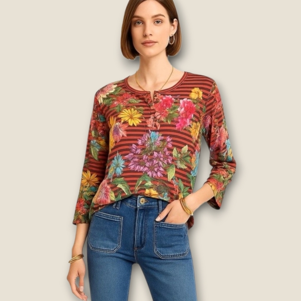 JOHNNY WAS Mix Floral Stripes Bamboo Blend Henley Top Shirt Small
